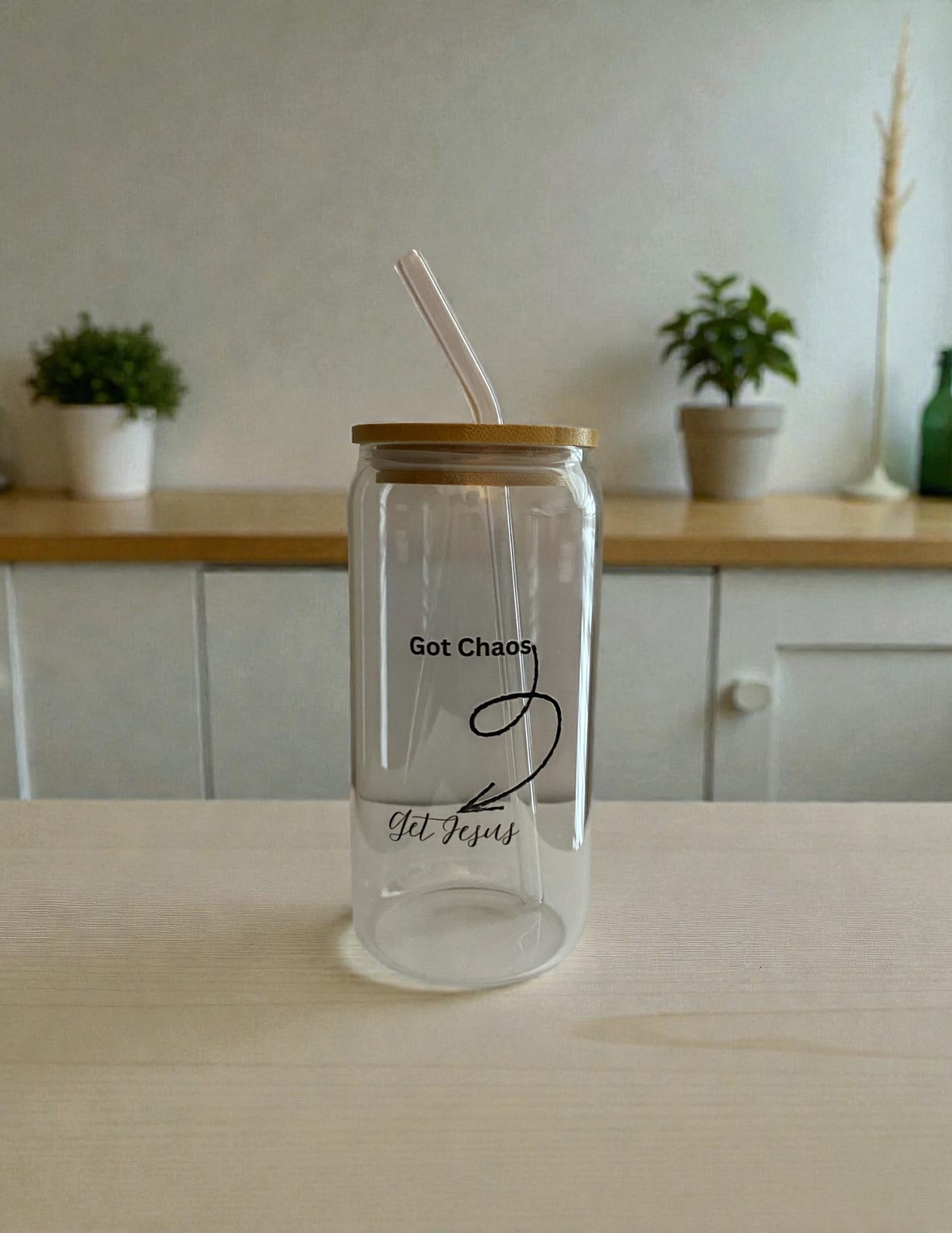 Got Chaos - Get Jesus Glass Drink Cup with Wooden Lid and Straw