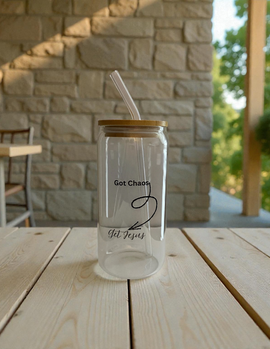 Got Chaos - Get Jesus Glass Drink Cup with Wooden Lid and Straw